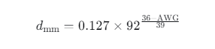 formula used to convert AWG to metric diameter